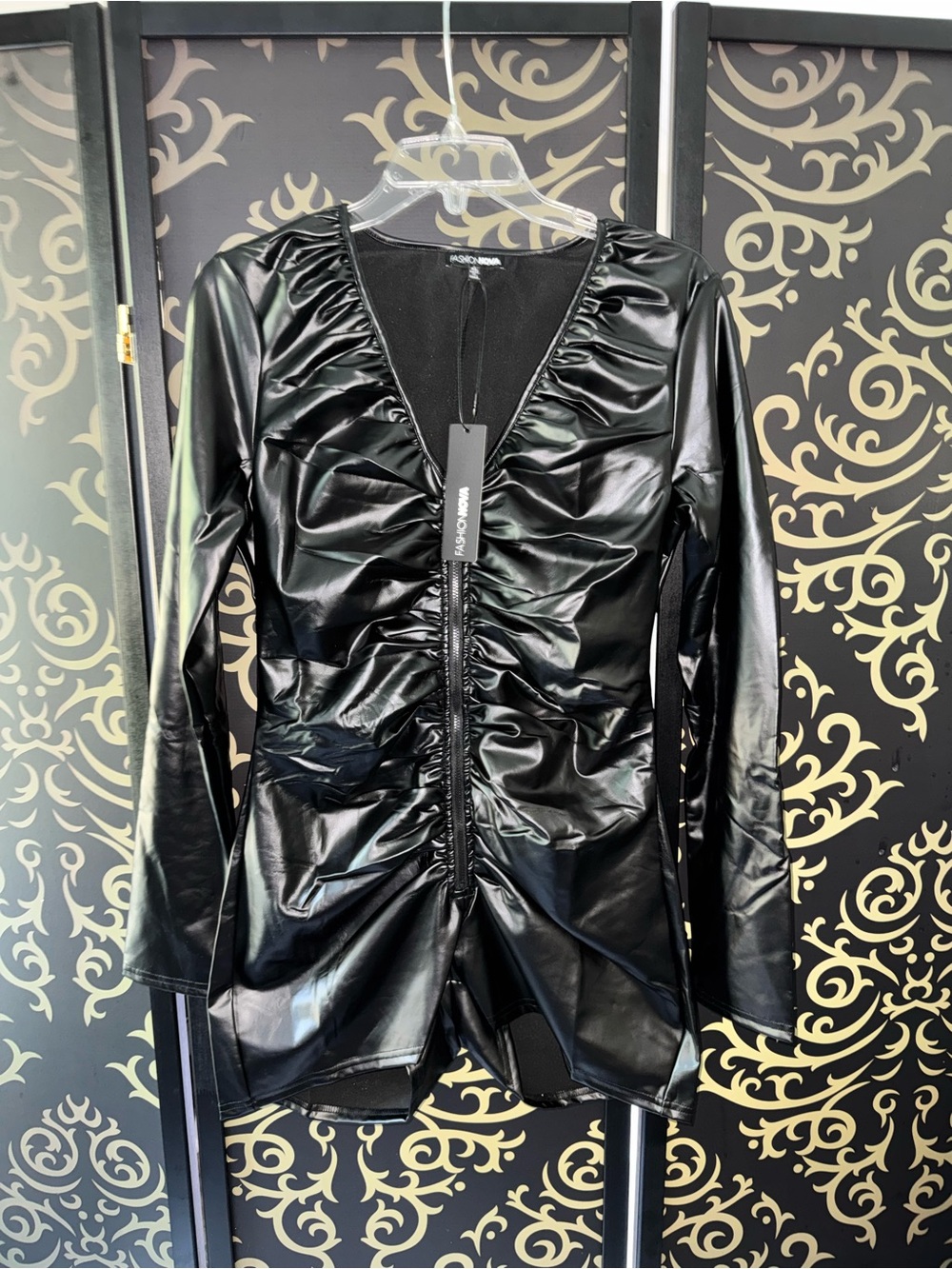 Fashion Nova Black Ruched Faux Leather Jacket